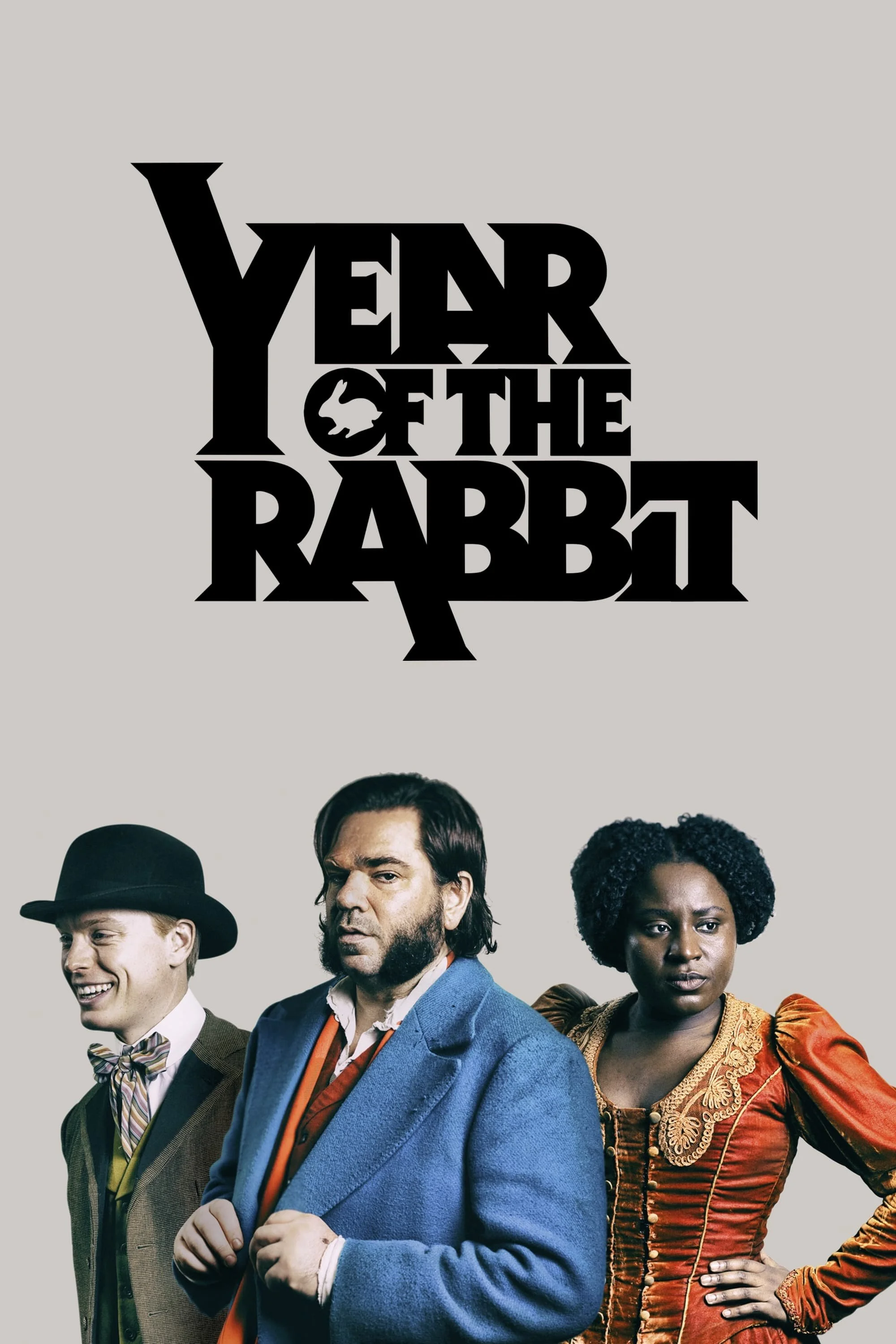 Poster for the TV series "Year of the Rabbit" featuring three characters dressed in period clothing, with a logo at the top.