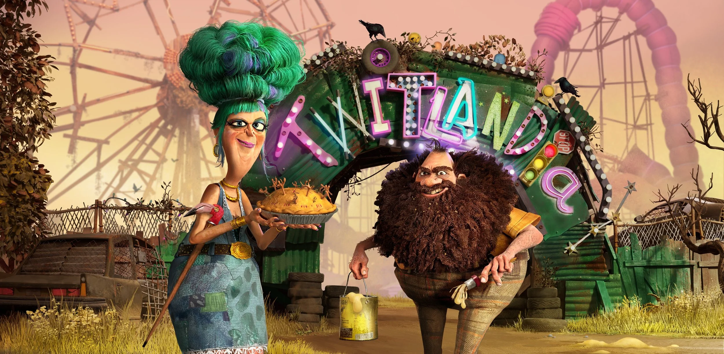Animated characters at an amusement park with a large sign reading 'KINDLAND Q'. A woman with exaggerated features, bright green hair styled in an elaborate updo, and a colorful patchwork dress is holding a pie with small decorative reindeer figures. A man with a thick curly beard, patchwork pants, and a mischievous expression is holding a paintbrush and a paint can, with a small rubber duck on top of the can. In the background, there is a large ferris wheel and other amusement park rides, with a slightly dystopian ambiance.