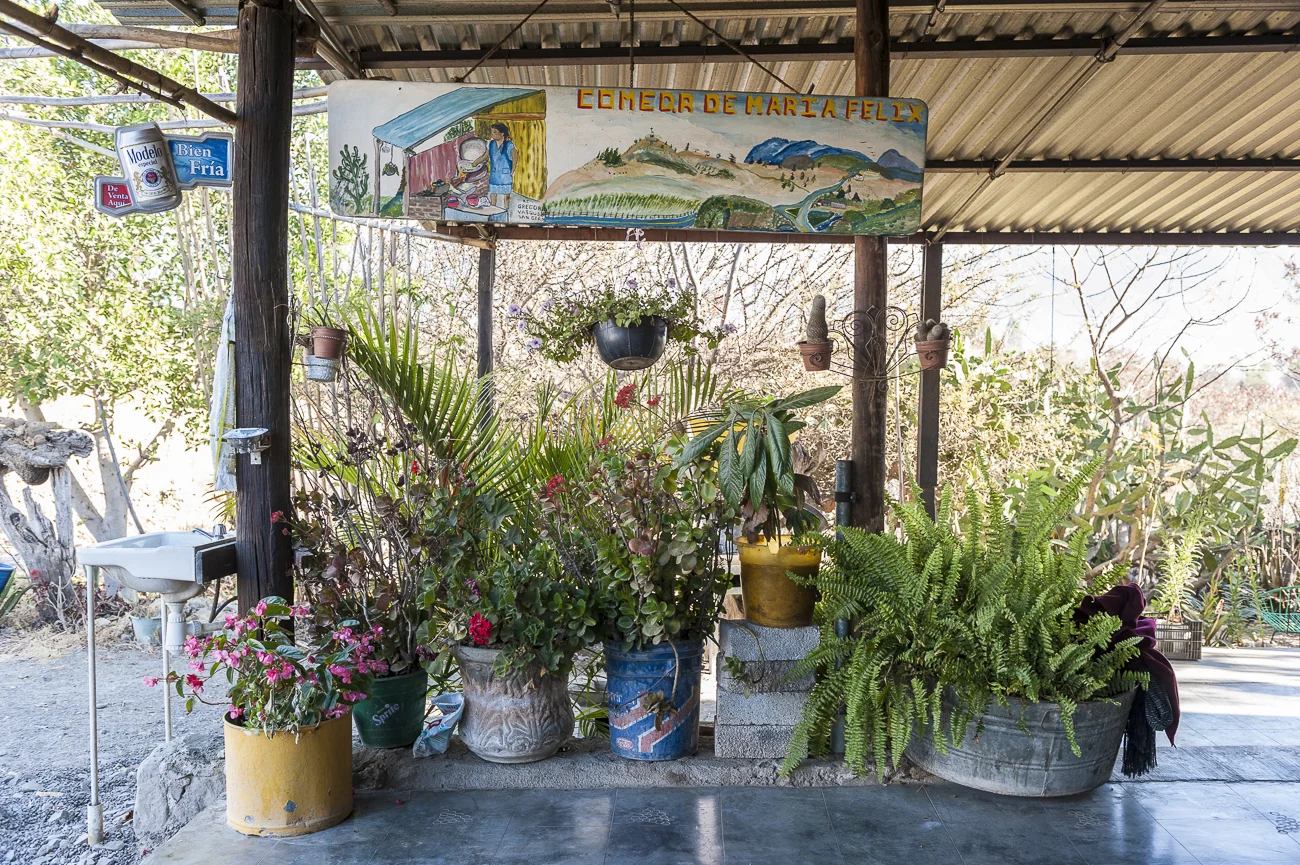 23 Comedor María Félix, en las orillas de San Baltazar Chichicapam, donde simples manjares como la tortilla hecha a mano, las entomatadas y enfrijoladas acompañadas de tasajo o cecina hacen homenaje a la gastronomía oaxaqueña.