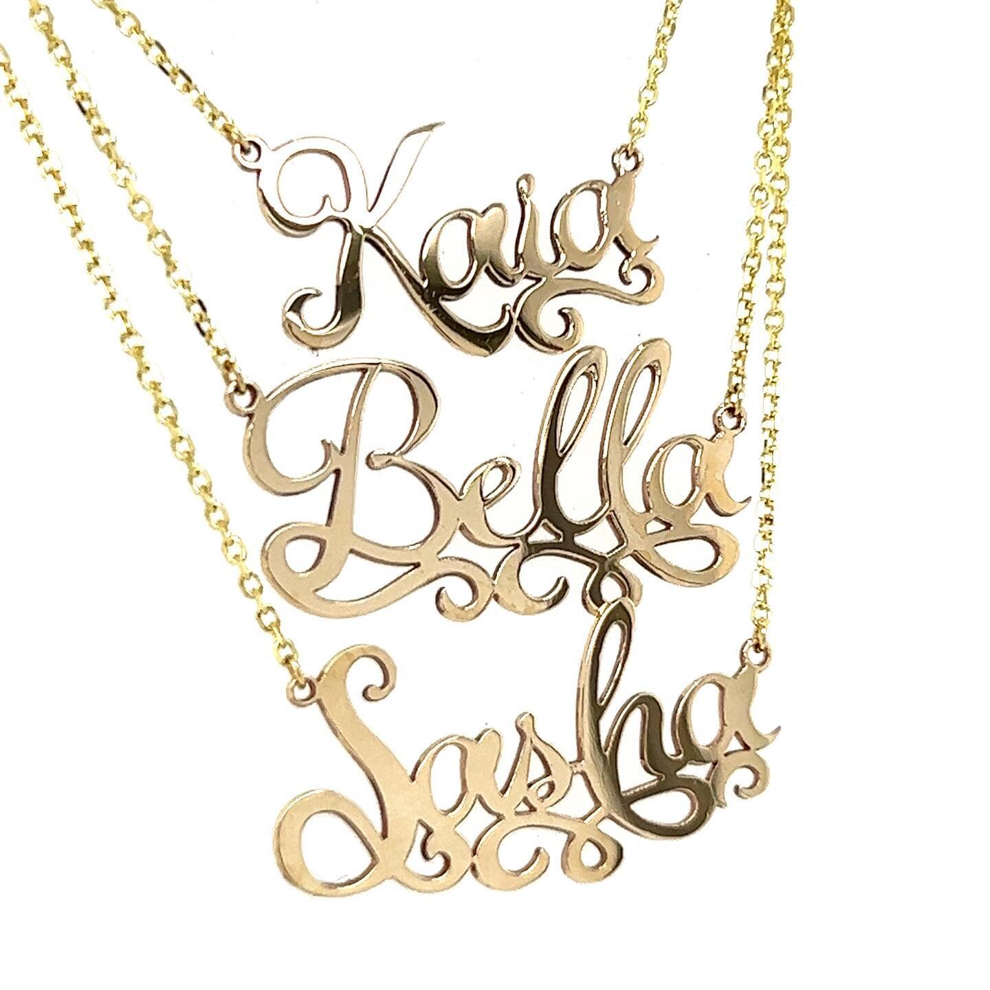 Did you know we make custom name necklaces? These flourishy names are a gift from a loving grandmother for her granddaughters! We make them right here in the shop, start to finish! #customcrafted #namenecklace #weissjewelry