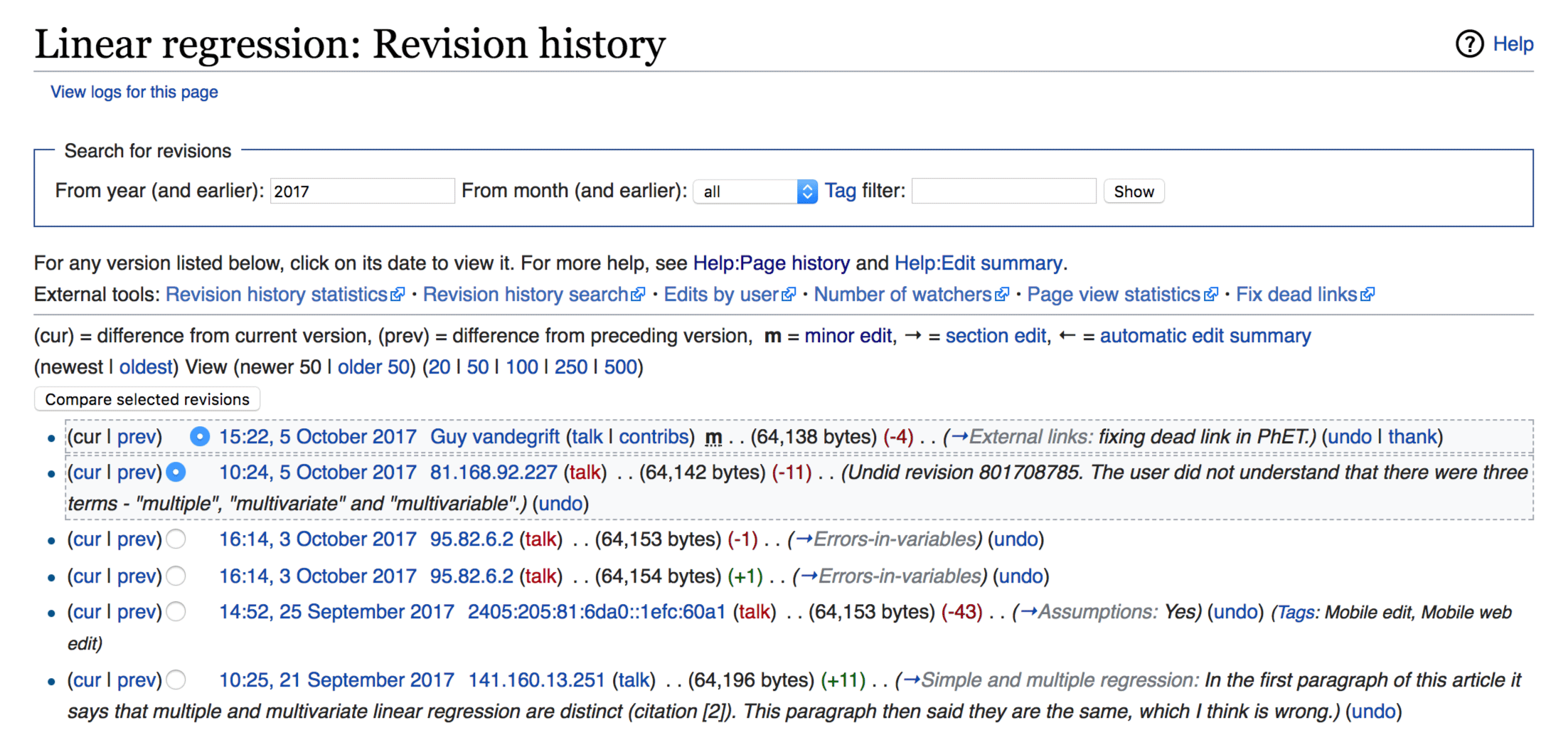 Edit history for the Wikipedia article on linear regression