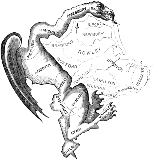 The Boston Gazette's political cartoon mocking Governor Gerry's map that invented the term gerrymander.