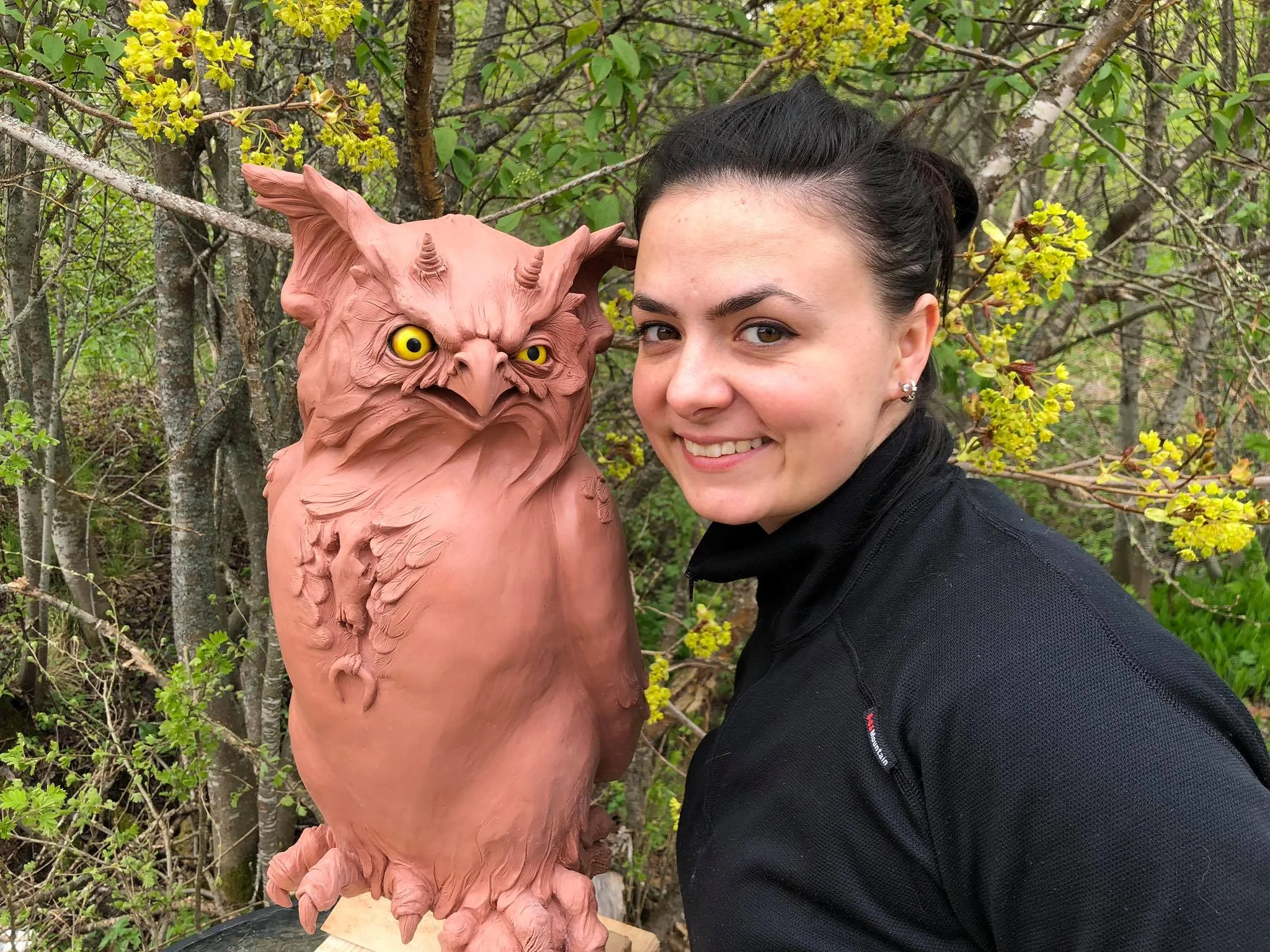 Amfiria and her finished owl sculpture - that got the name “Gilbert”