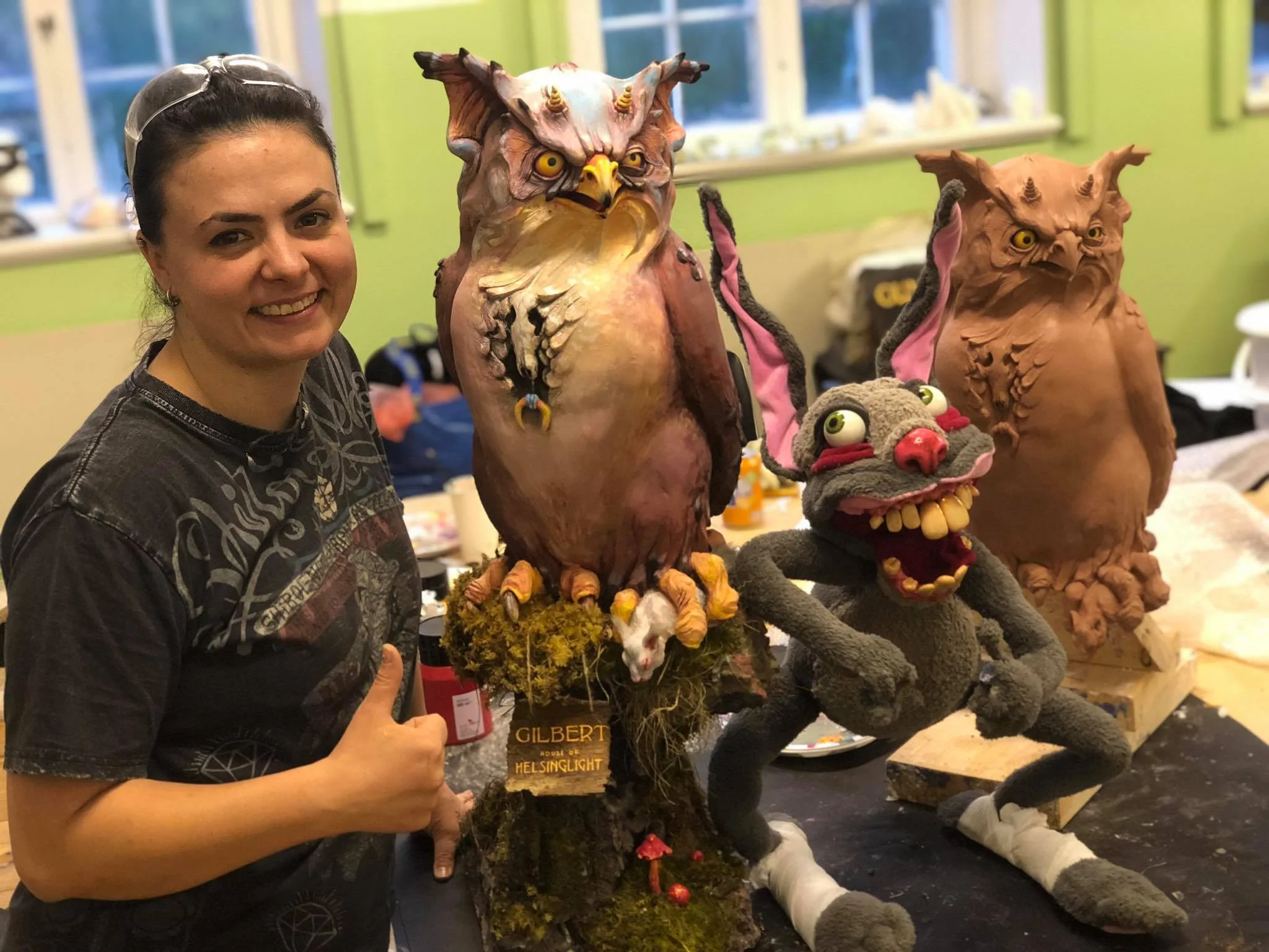 Amfiria with Gilbert the Owl and her Nasty Bunny that she brought to accompany her during her stay with us.