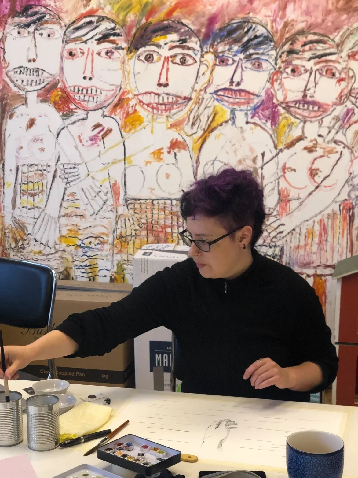 Robin Tynan - Work in Progress on a painting for the exhibition “inside My Brain”. Painting in the background by the late artist Gunnar Greiber who used to live and create in this space during 20 years.