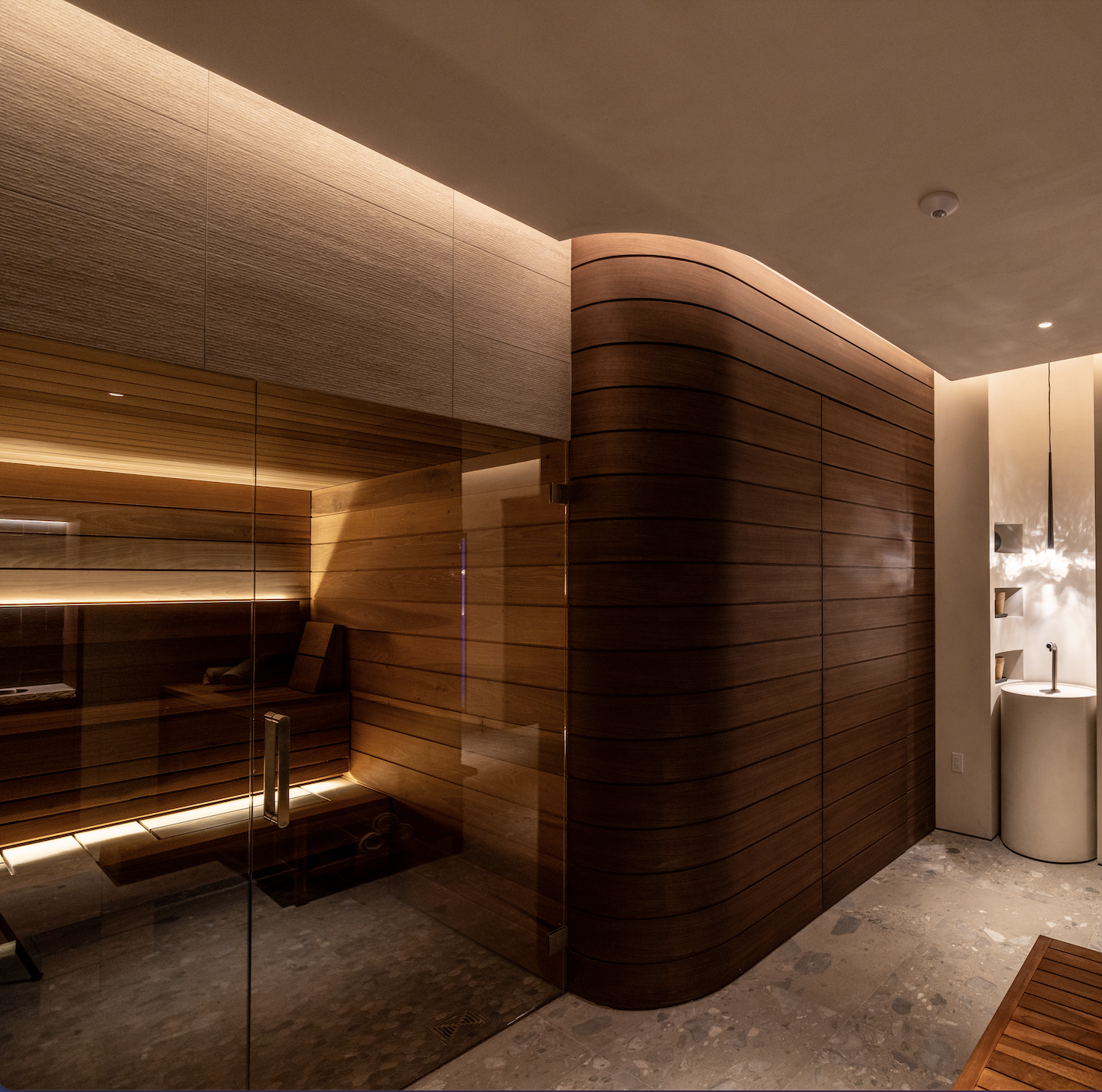 bluSONIL by Mendil + Meyer. Modern indoor space with wooden panel walls, a glass door, and a small white sink with a black pendant light nearby.
