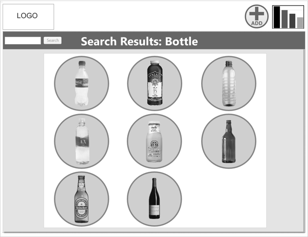 Search Results: When a user enters key words into the search bar and selects "search," this page emerges with relevant search results. Each waste item is tagged with either a green circle, indicating that the waste item is recyclable, or a red circle around it, indicating that it is garbage.