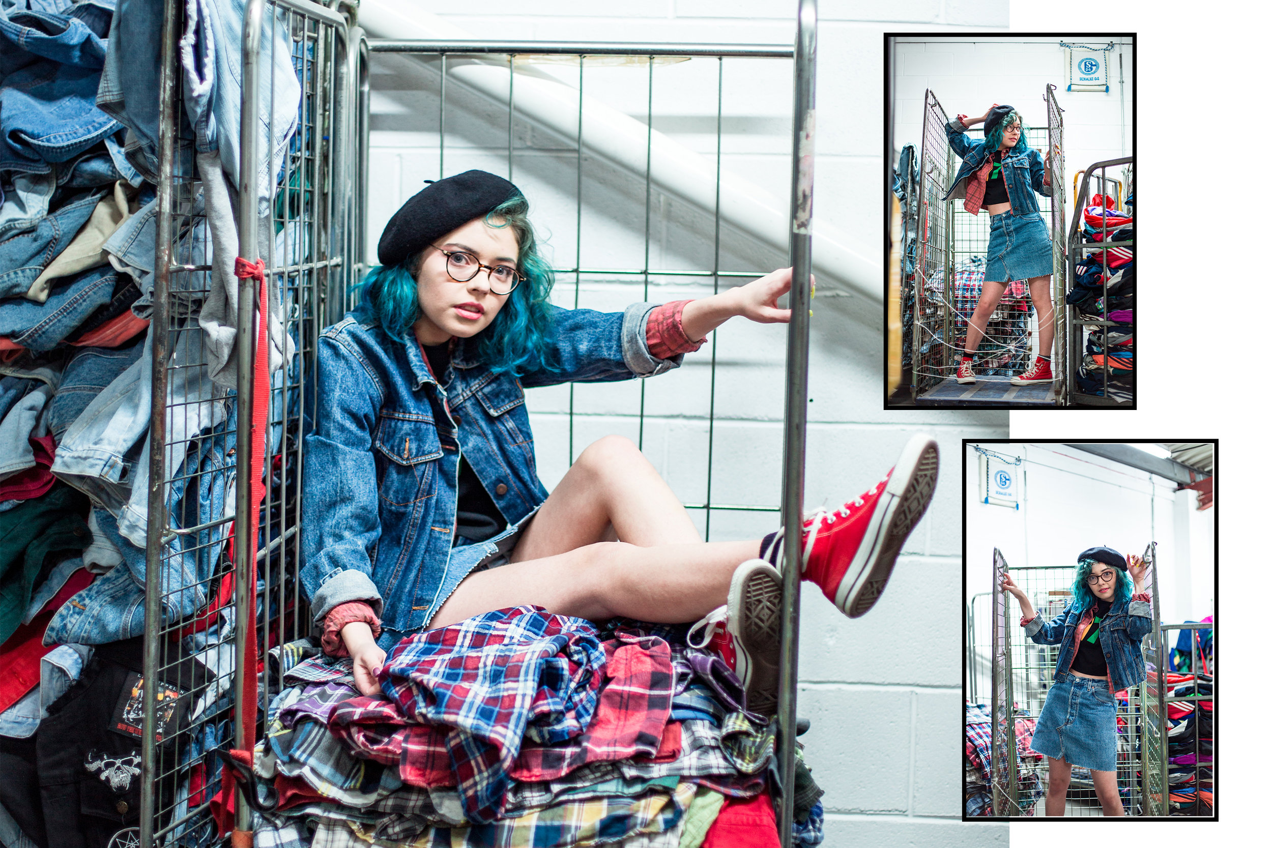 The shoot intends to highlight the best of our Remade in England range. I took Morris, our lovely model, around the warehouse to let our customers get a real feel for Blue Rinse, behind the scenes.