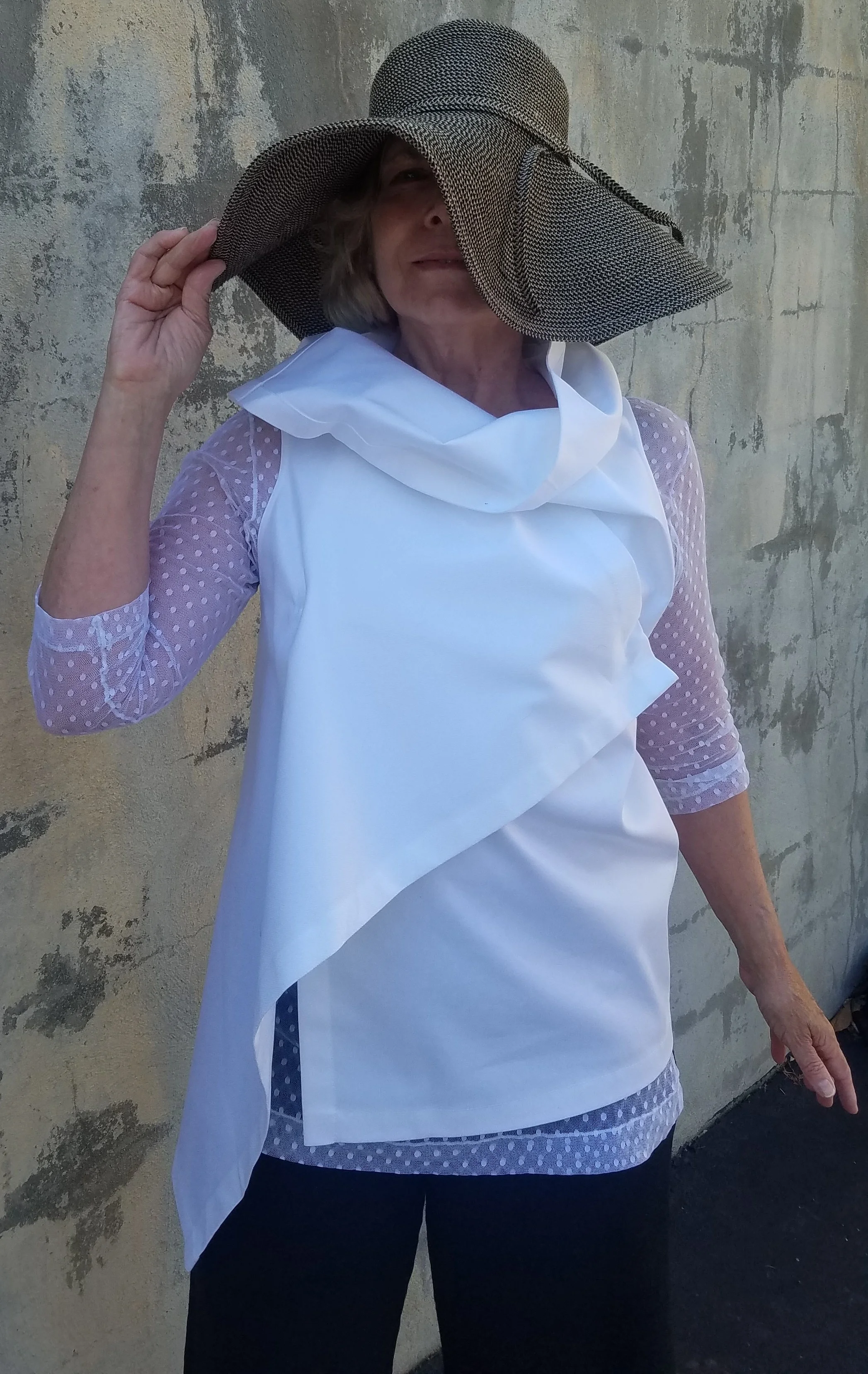 Asymmetrical White Cotton Vest with White Dot Tulle Top.jpg
