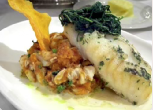 Pan roasted cod with garlic and oil spinach and sweet plantain chip