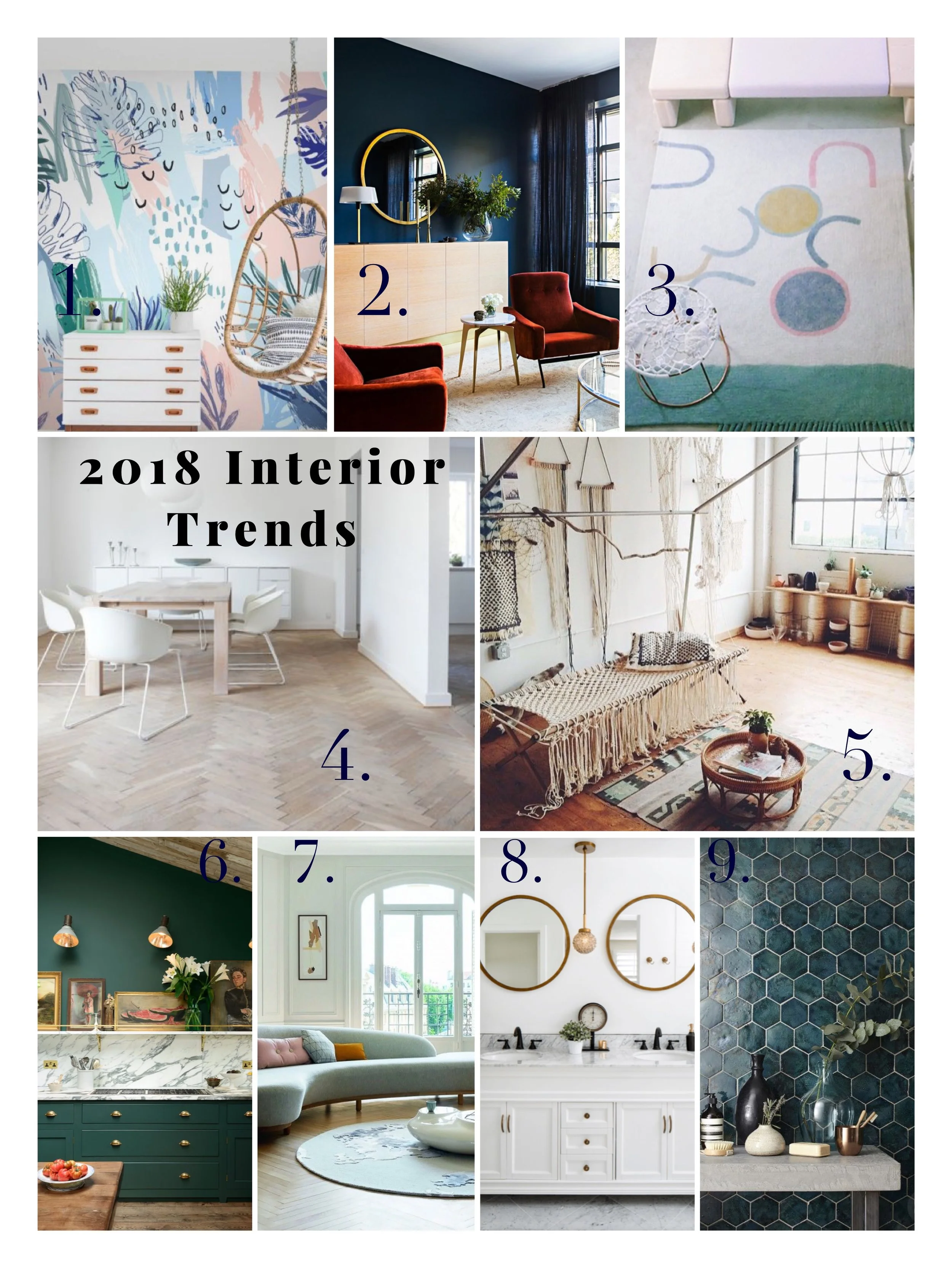 1- Wallpaper, wallpaper and more wallpaper. These days removable wallpaper is one of the best ways to update a boring wall, an old piece of furniture or make that nursery as magical as any pin on Pinterest. But in 2018 what I think and hope to see is a break from just traditional patterns as we get more into artistic and abstract wallpapers. 2- Those deep rich jewel tones are always in style but this year I think more people will try it on as opposed to keeping things neutral. If you can do it in velvet than that is a bonus. From pillows to sofas, the power of these color tones is transformational. 3- Asymmetry. Yes sometimes symmetry just feels good and looks right. BUT if you dare to break from the norm you will find there is a power in being asymmetrical. It can often make a cookie cutter home come to life and feel lived in. Or it can pack a wallop of artistry like it does in this unique rug. 4- Patterned floors have been out of vogue in most homes in recent decades but they're nothing new. The most beautiful old buildings in the world often have intricate wood or marble flooring. When you take the risk of ditching the standard wood floor pattern for a herringbone you have just traded a plain old floor for a work of art. 5- Gallery walls get the nix as we make way for some texture on our walls. From plant hangers and wall hangings to 3D art, giving your wall depth can make a bold statement or just bring a warmth to your space that it was missing. 6- Colors in our Kitchens & Bathrooms. Monochrome is still the classic but say just throwing some paint on the lower cabinets or vanity and leaving the rest white can make a grand impact. I favor adding some navy or hunter green into your kitchen or bath as way to ease into this trend. But once you are there you will likely find you also want to add tile or more because it just feels too good. 7- Organic lines in our furniture. Take a break from everything having a hard edge and slip into something that has a bit more of an organic feel. Think curved sofas, live edge coffee tables, molded dining chairs... The sophistication of this look is that it breaks from the what we are used to but feels so much closer to what nature had intended to wrap us in. 8- Mixing metals. Swap out that chrome faucet with some black or really kick things up a notch with some matte white hardware and copper accents. This look will pack and wallop and its about the easiest way to update a kitchen or bath with out having to find a contractor or take out a small loan. 9- Bringing the outside in. Whether you start a plant collection, make a habit of buying weekly fresh flowers and renovate using earth tones bringing a touch of nature to the interior of your home will be one of the best ways to turn your home into a haven in 2018. What trends are you hoping to see in 2018? Or what ones do you want to see go? Stay tuned for next weeks posts breaking down these trends even further and examples of how you can bring them into your home. #6 photo credit to Devol Kitchens All credit to originals via Pinterest