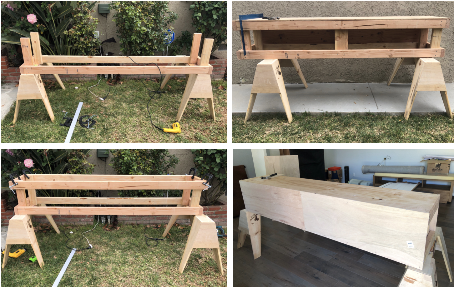 Basic bench construction using 2x4s, plywood and piano hinges for the storage.