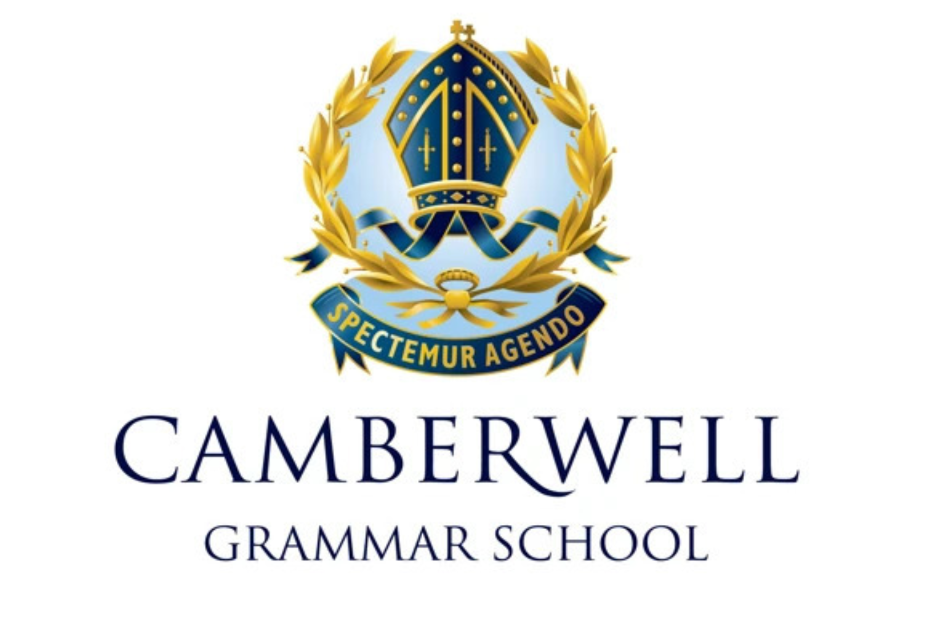 The logo of Camberwell Grammar School features a blue shield with a gold crown and a ribbon underneath that reads "SPECTEMUR AGEN0." The logo is surrounded by a gold laurel wreath.