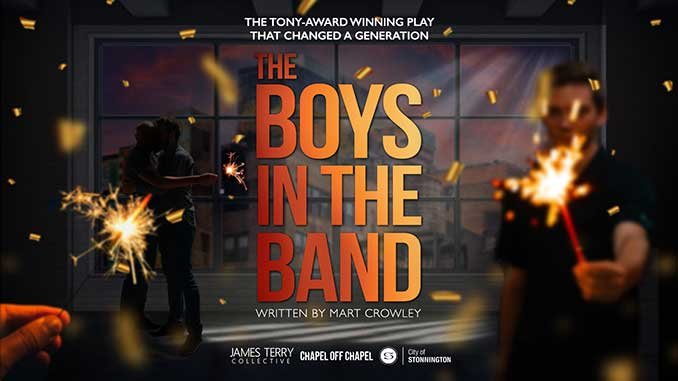 Poster for "The Boys in the Band" with sparks and people in the background.