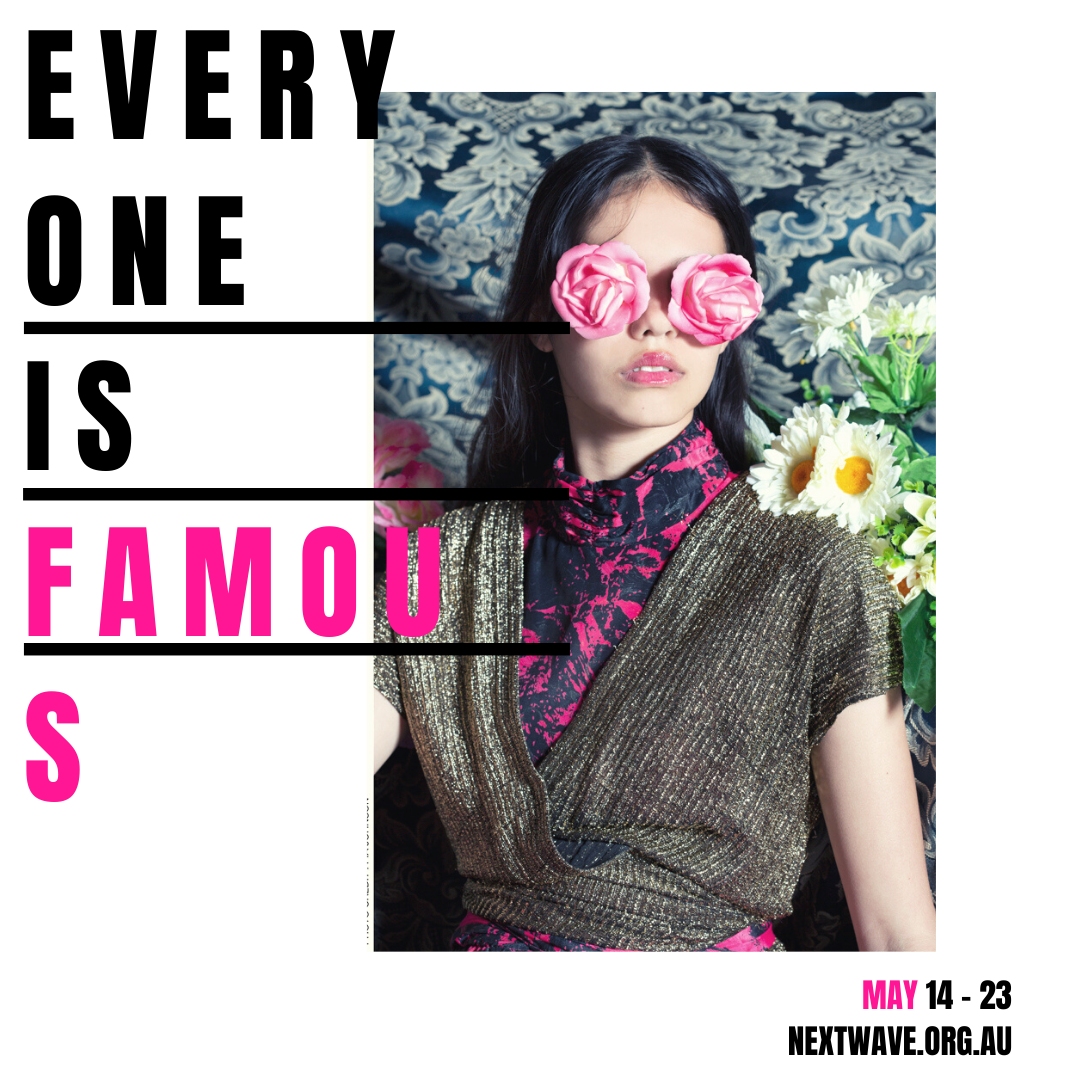 Poster featuring a woman with pink flower-shaped sunglasses, wearing a gold and black top, holding flowers, with bold black and pink text promoting an event from May 14 to 23 at nextwave.org.au.