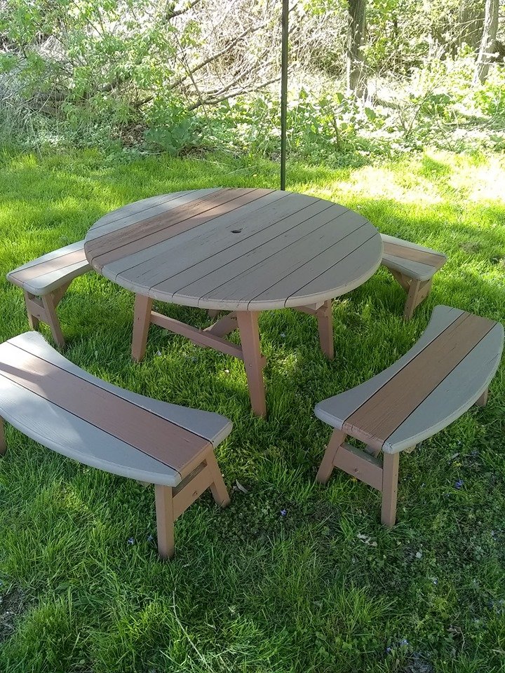 Two toned outdoor picnic table and chairs