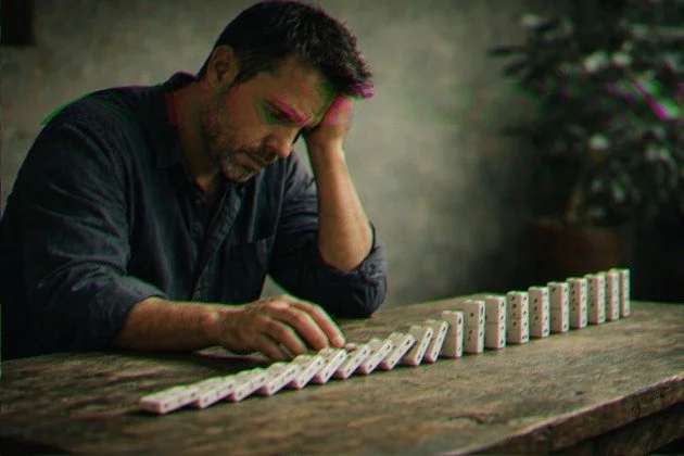 Man looking at dominos reflecting on his life having a hard time trusting