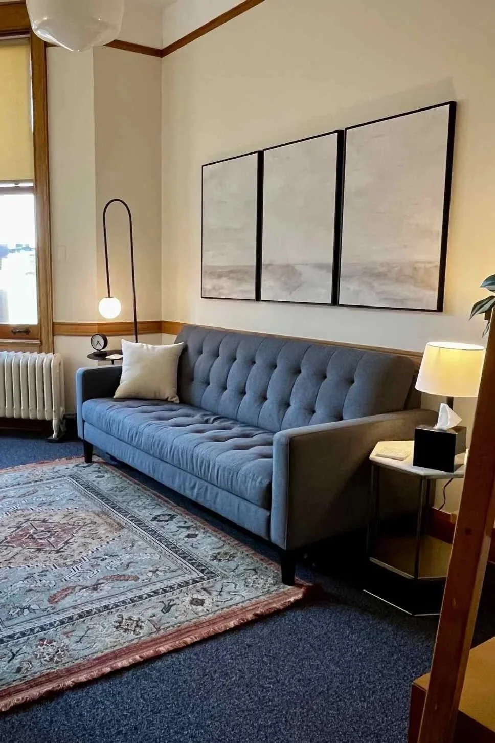 Therapy room at Fermata Psychotherapy’s Chicago Loop office