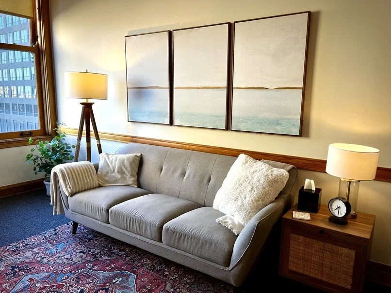 Therapy room at Fermata Psychotherapy’s Chicago Loop office