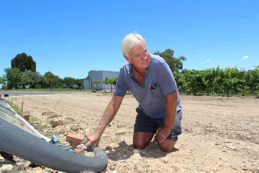 Older man with white hair kneeling on dry soil, inspecting or working on a piece of equipment nearby, with a field and trees in the background under a clear blue sky.