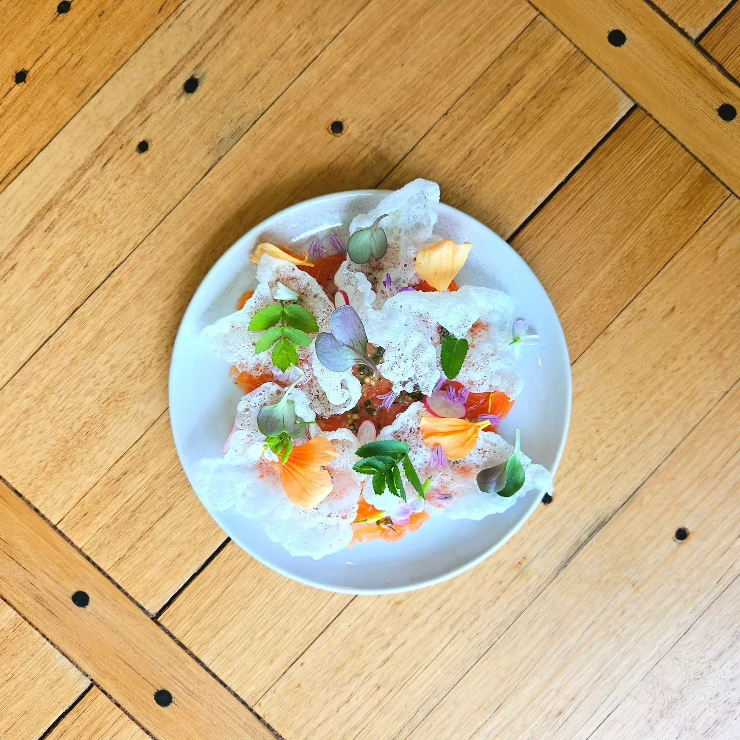 Gravalax Trout, Garden Herbs &amp; Tapioca Crisps. Very spring, and on our choice menu today!