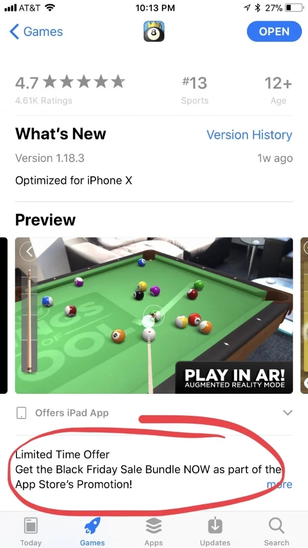 Kings of Pool by Uken Games uses Promotional text to relay a limited time sales offer. 