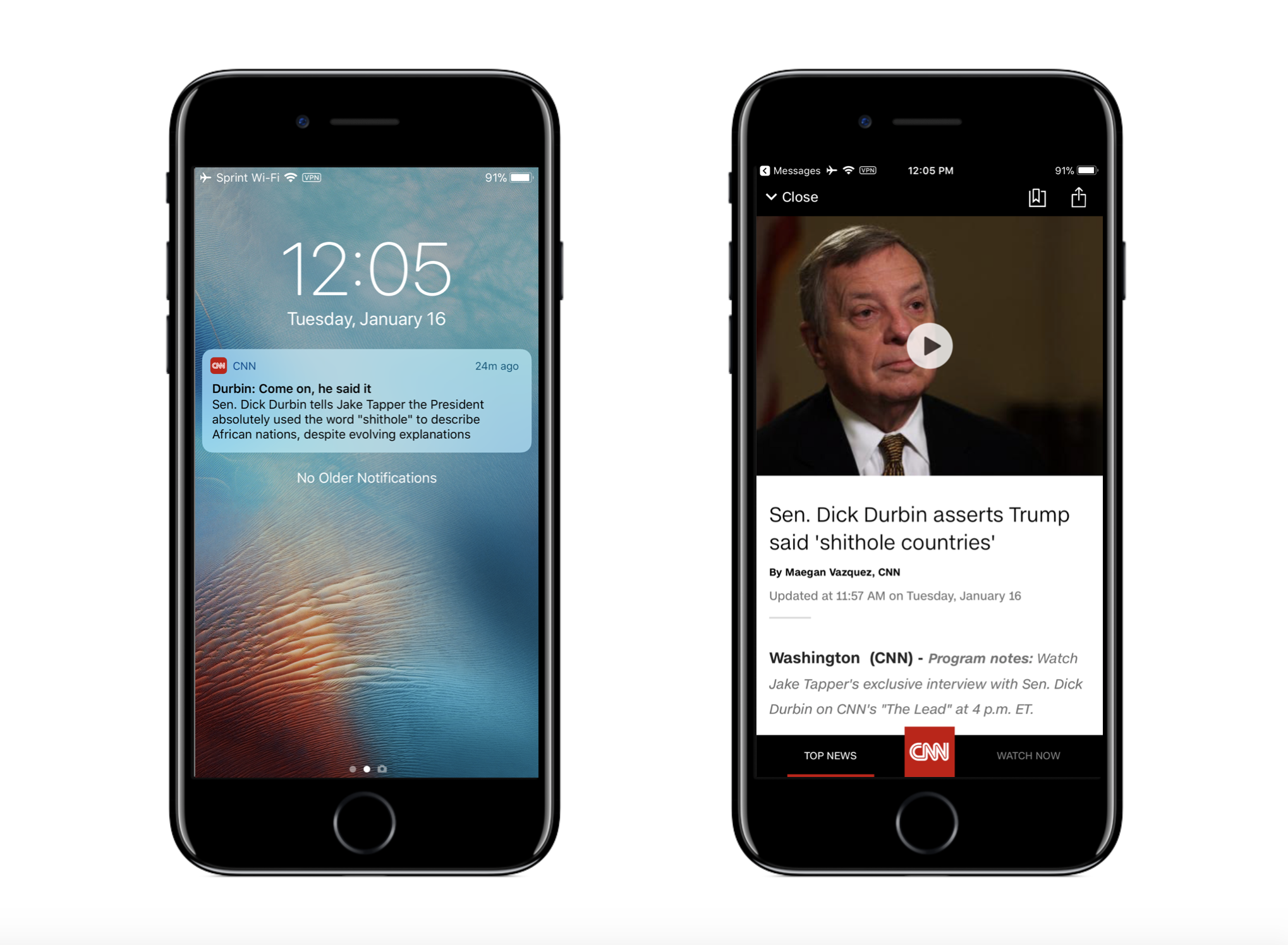 Once a user taps a notification from CNN, they are immediately deep linked to the story.