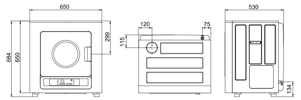 Dimensions of the Rinnai RD-600CG gas clothes dryer.