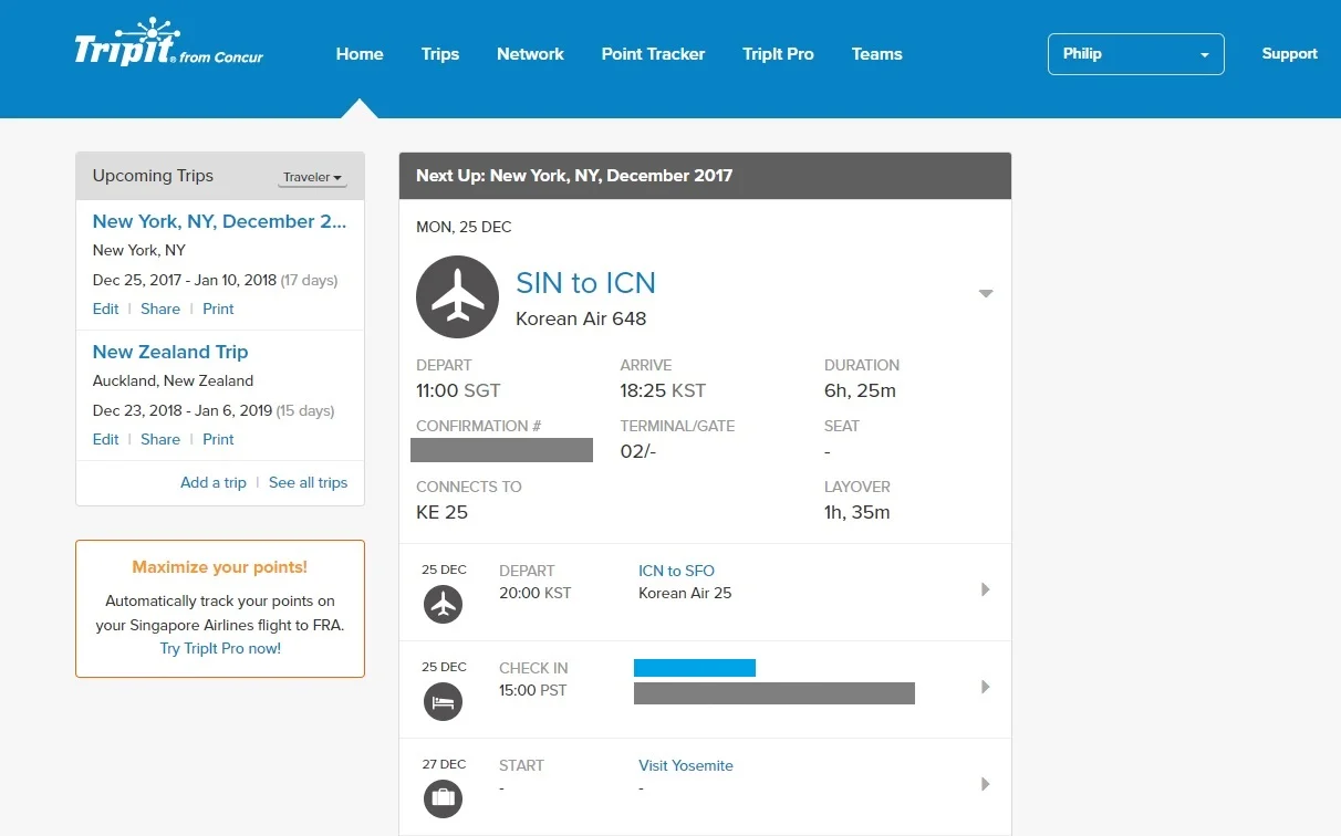 The TripIt landing site/dashboard shows a quick summary of your upcoming travel plans.