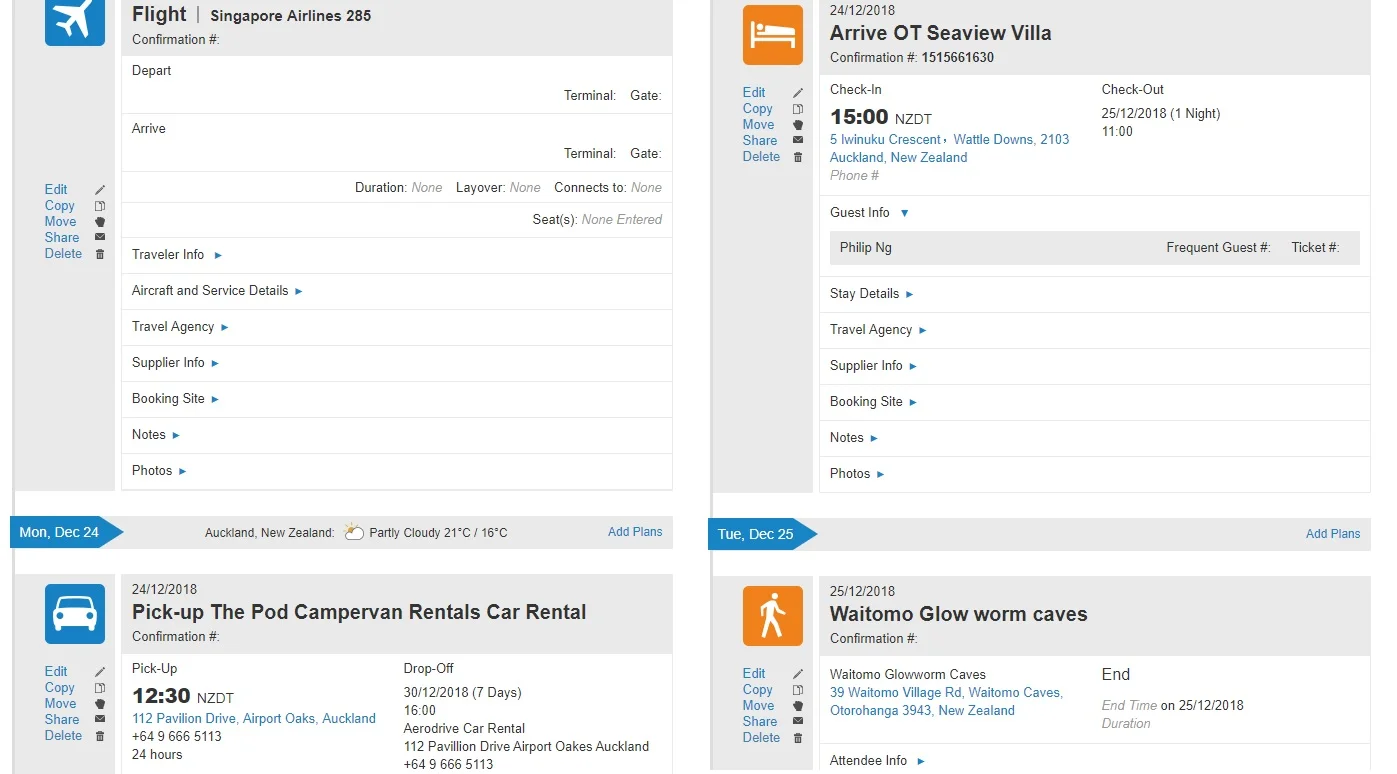 An example of the TripIt timeline of plans (for your travel itinerary).