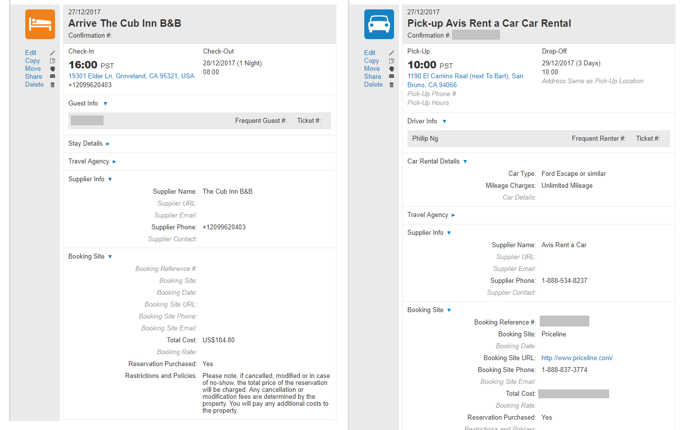 TripIt is helpful for providing details related to your booking confirmations: to the left is our hotel details, and to the right is our car rental details.