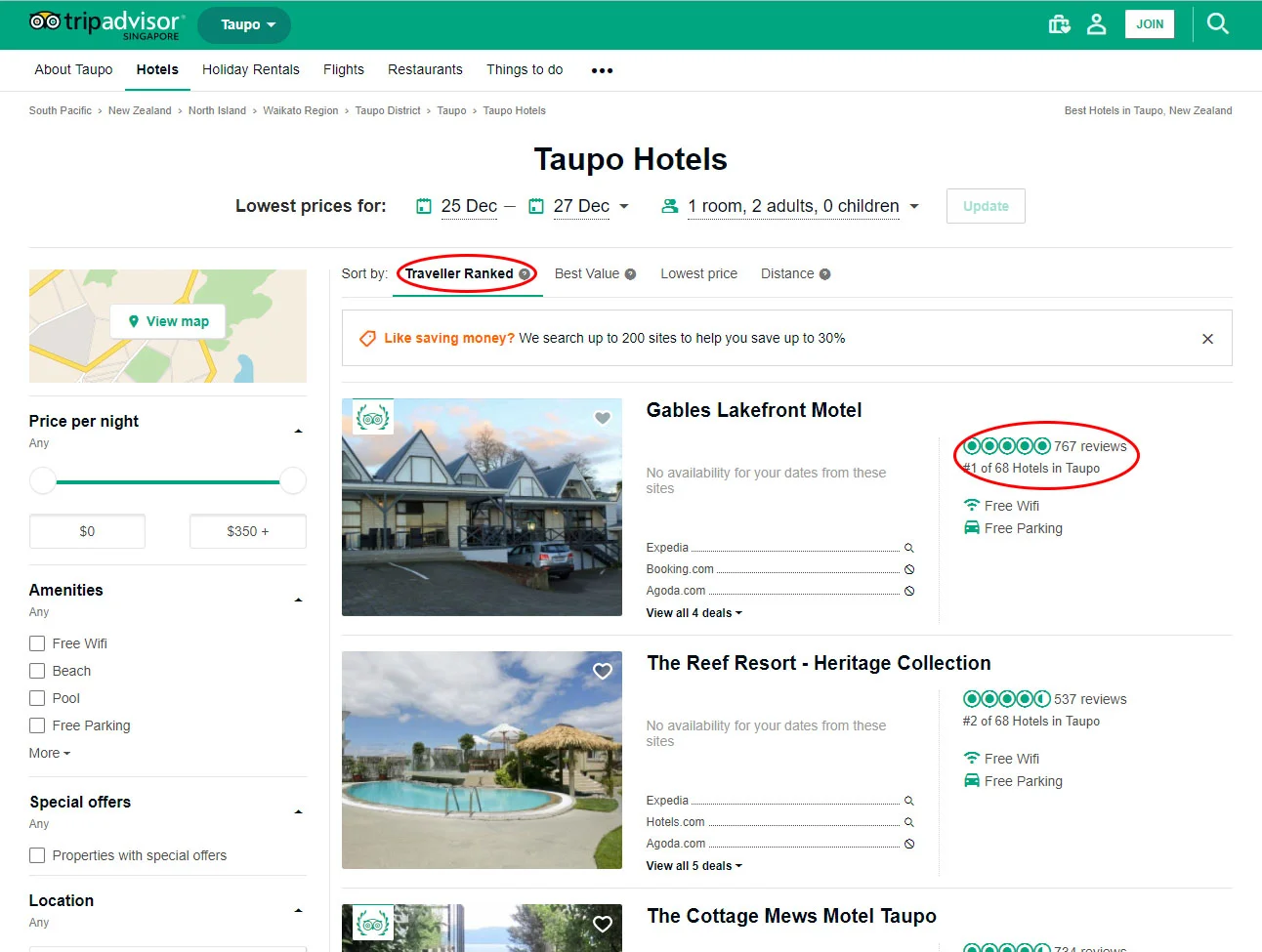 You can sort by "Traveller Ranked" on TripAdvisor to see which hotels have the best user reviews. TripAdvisor has a wide variety of accommodation, as well as a very large base of user reviews.