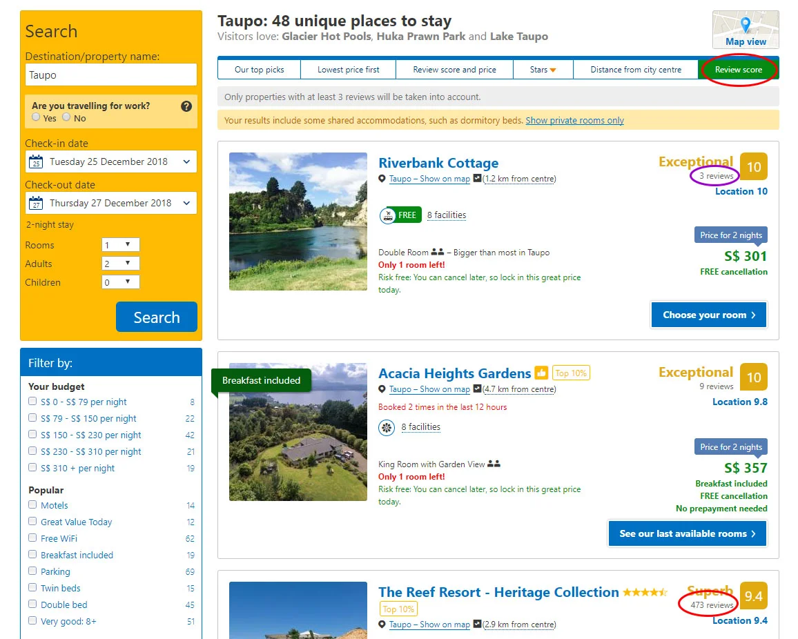 You can also sort by "Review score" on Booking.com . Although there might be nothing wrong with hotels with very few reviews, generally, you'll want to look for hotels with a larger number of reviews (preferably with at least 150 reviews).