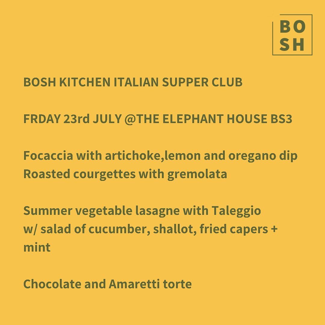 The supper club is back!! After a long old time of lockdown weirdness we&rsquo;re happy to invite you to an evening of Italian feasting ☀️ including some Bosh-grown beautiful courgettes. 
At the Elephant House and 
BYO drinks as always. 
Ticket deets