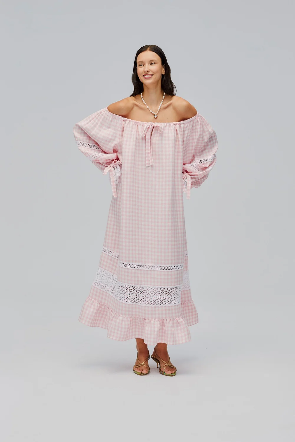 a line wedding dress sleeves Pearl-Embellished Off-the-Shoulder A-Line Lace Wedding Dress with Long  Sleeves main image 0