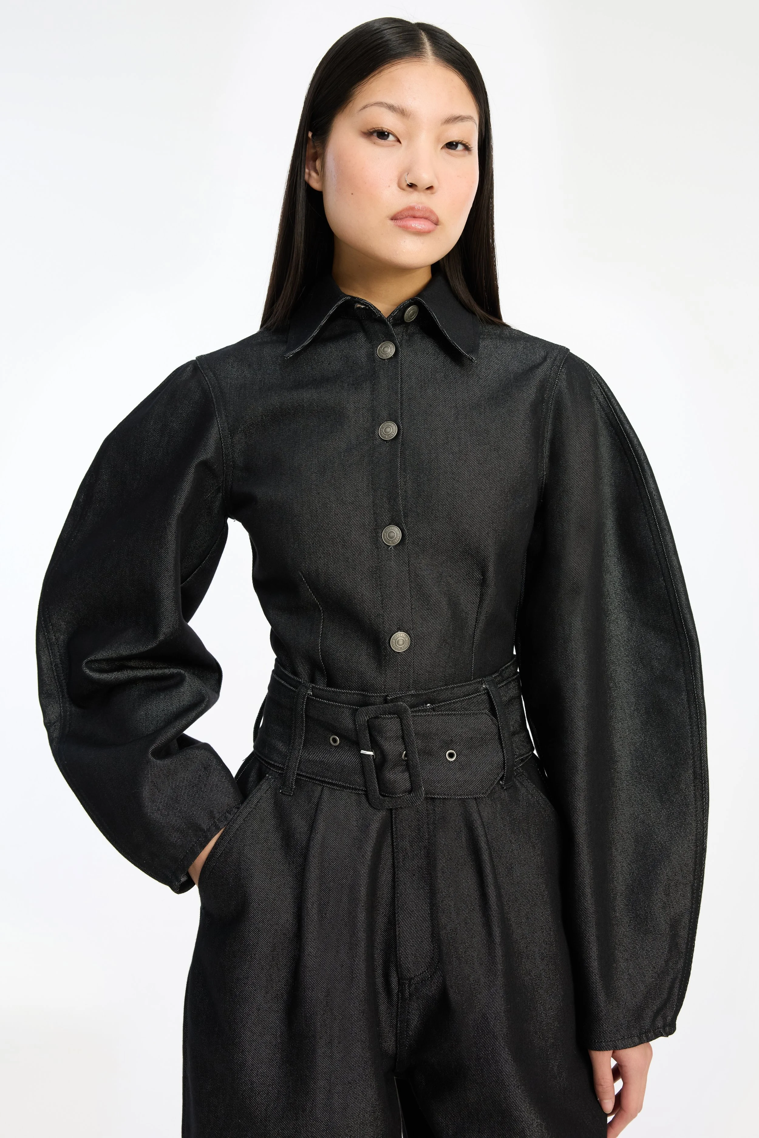 ROTATE_114961100_Black_Denim Fitted Shirt_Model_3_3802_hr.jpg