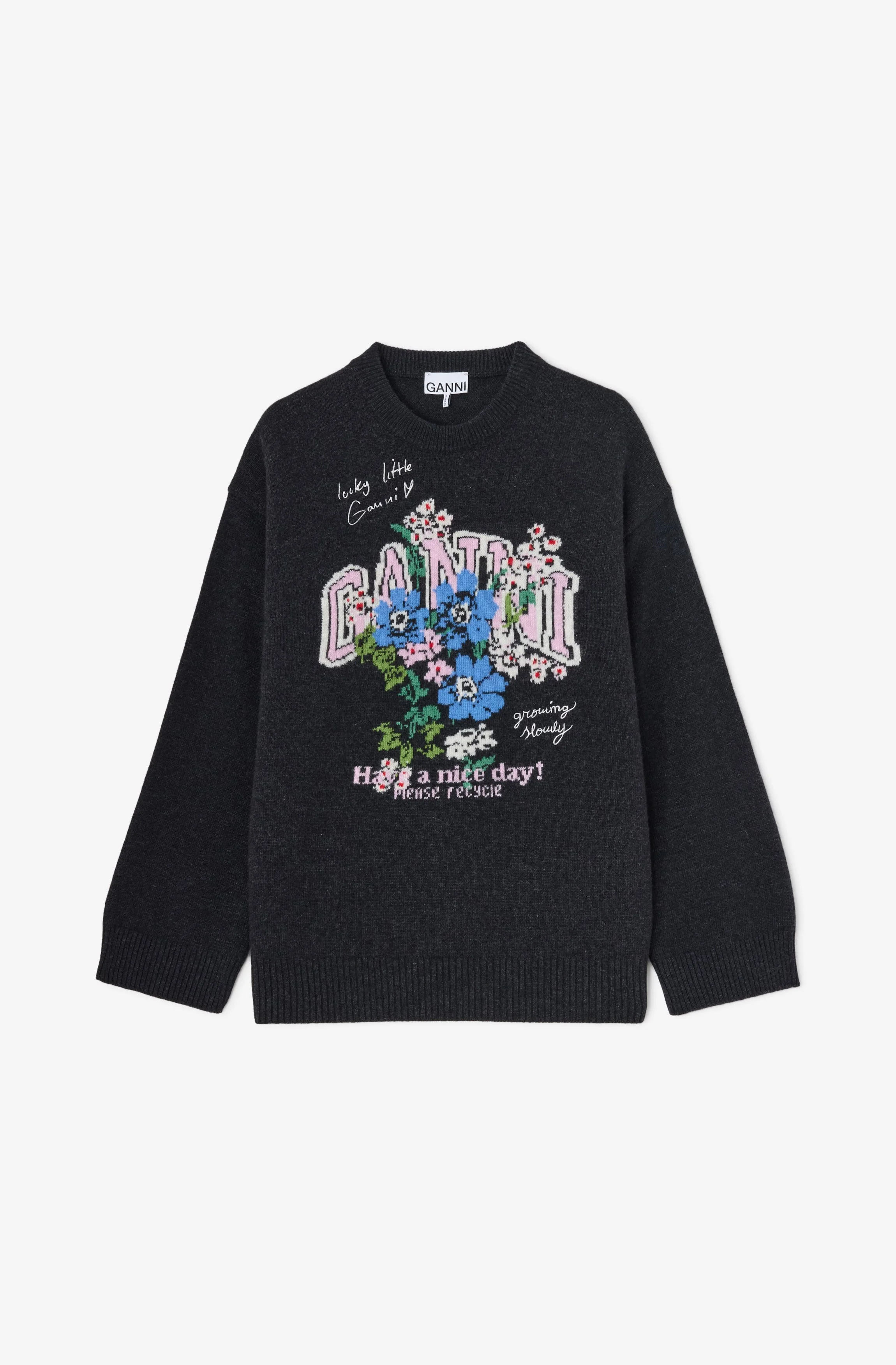 GANNI Graphic Wool Oversized Sweater Flowers