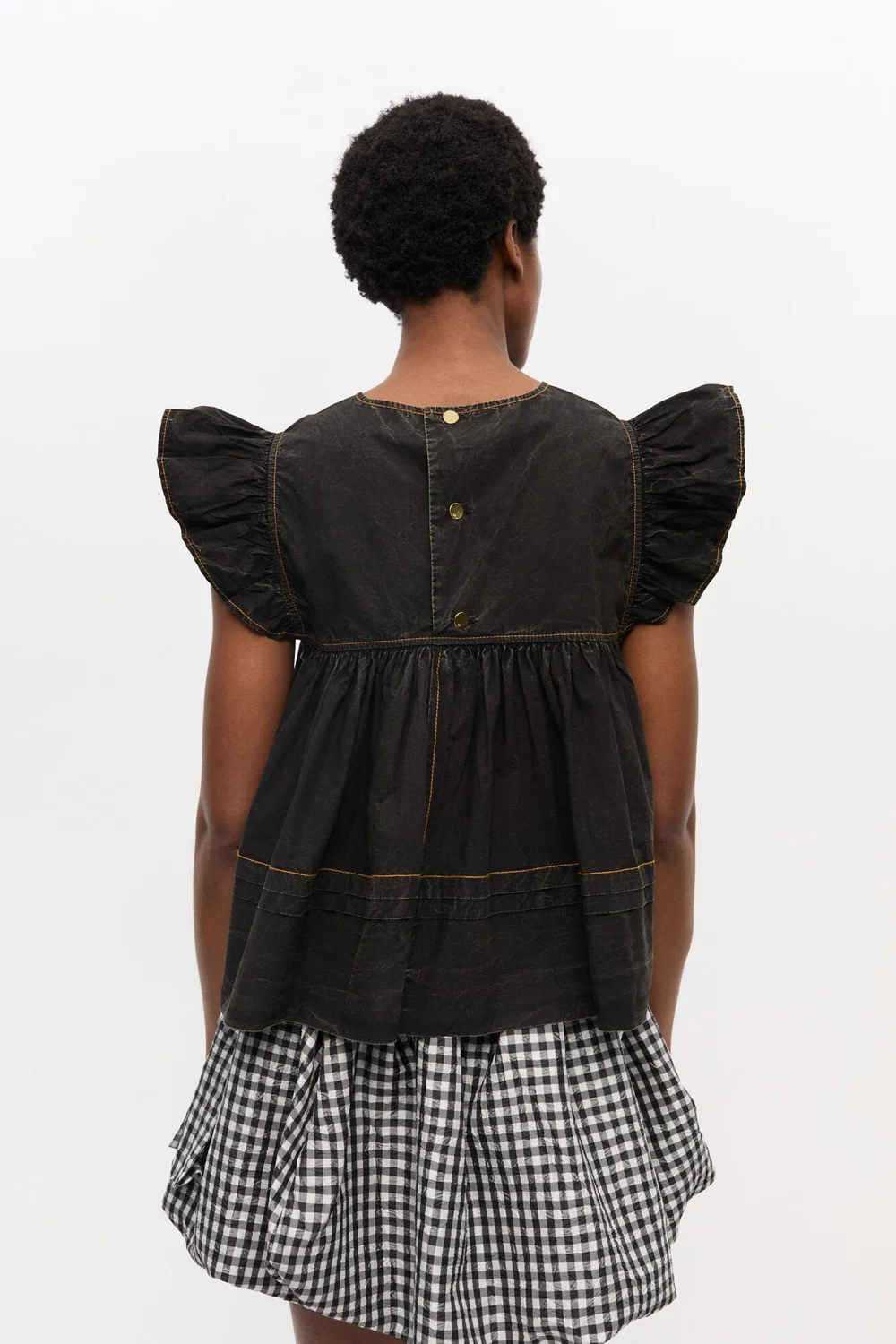 残り僅か【GANNI】Frilled-Sleeve コットンミディドレス Black Black Stretch Cotton Frill Sleeve Dress | GANNI US