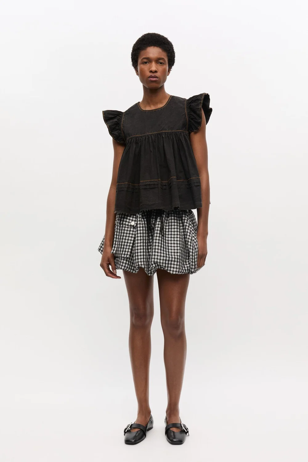 GANNI Garment Dyed Cotton Frill Sleeve Top — MILI