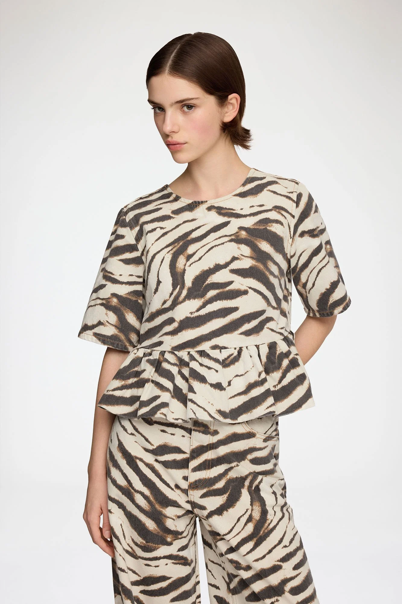 GANNI Print Denim Flounce Top