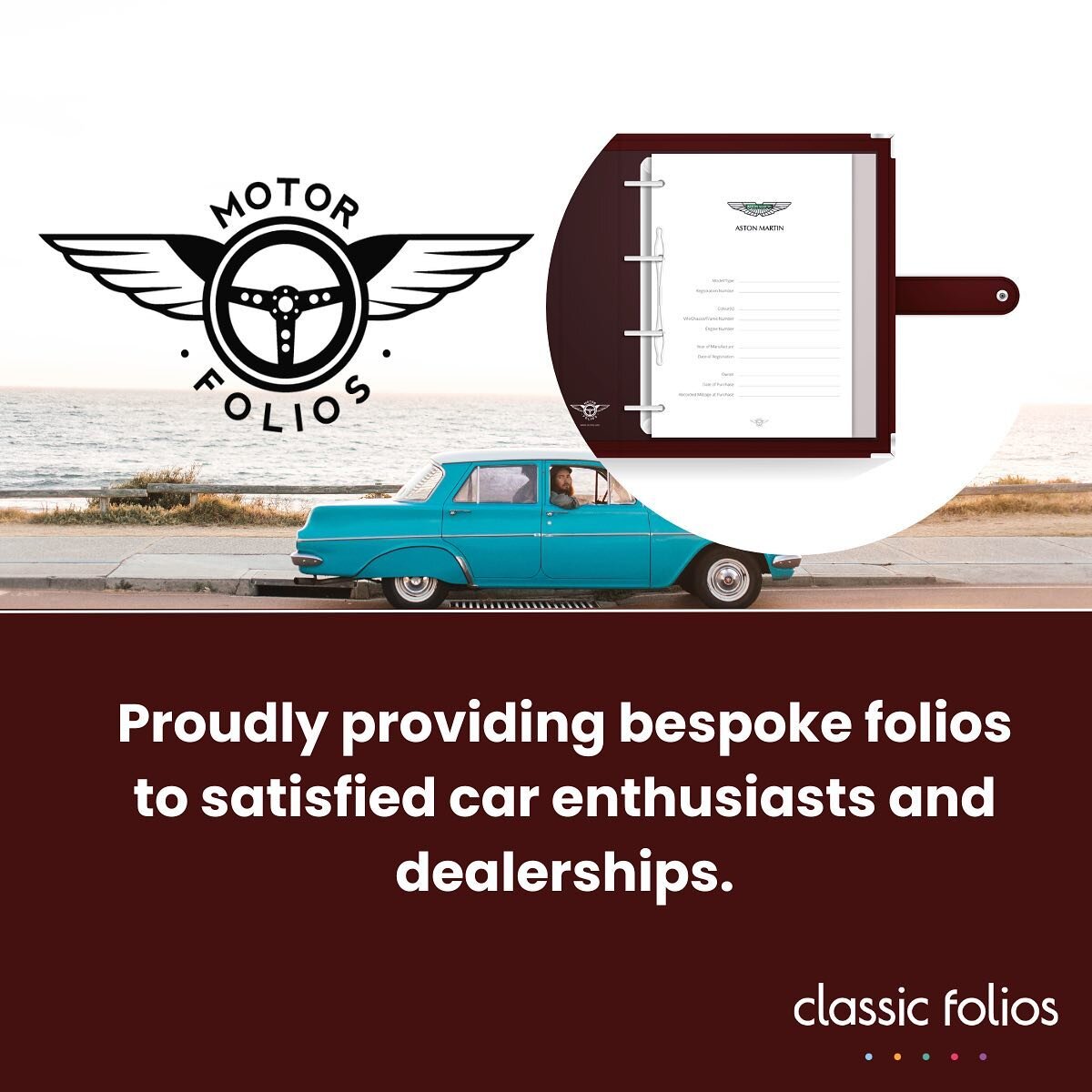 Motor Folios is the ultimate solution for car documentation!

Our personalised leather-bound Folios provide the perfect template for handwritten notes on vehicle specifications, technical data and more.

Available in four elegant colours, our hand-fi