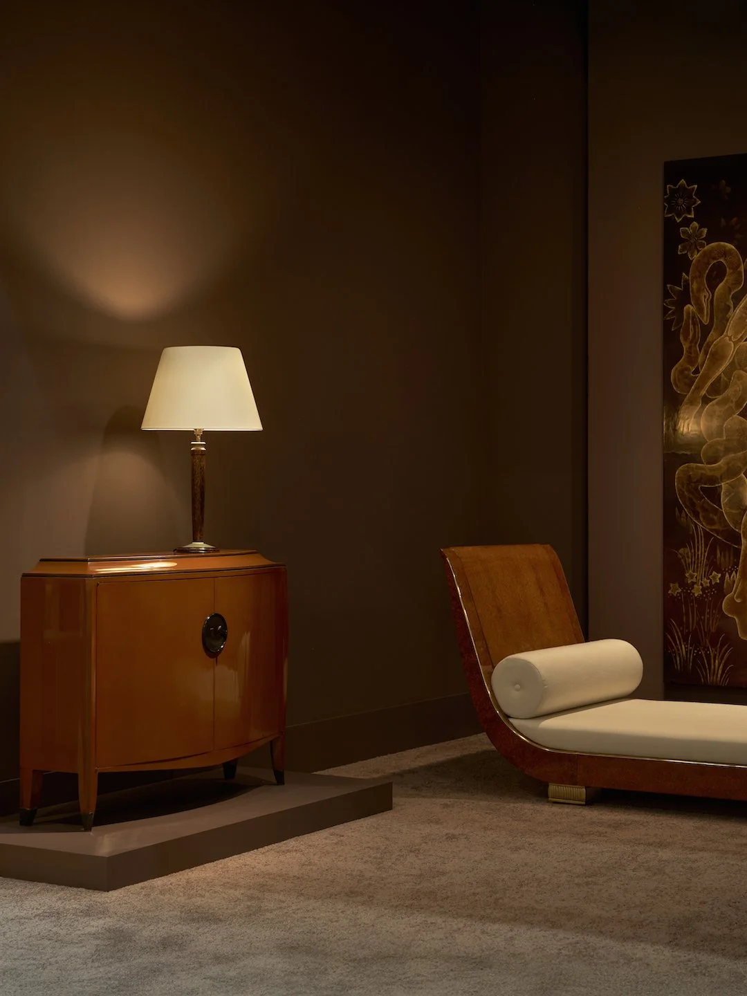 DOMINIQUE AND KATSU HAMANAKA CBINET, CLEMENT ROUSSEAU LAMP, EMILE JACQUES RUHLMANN DAY BED