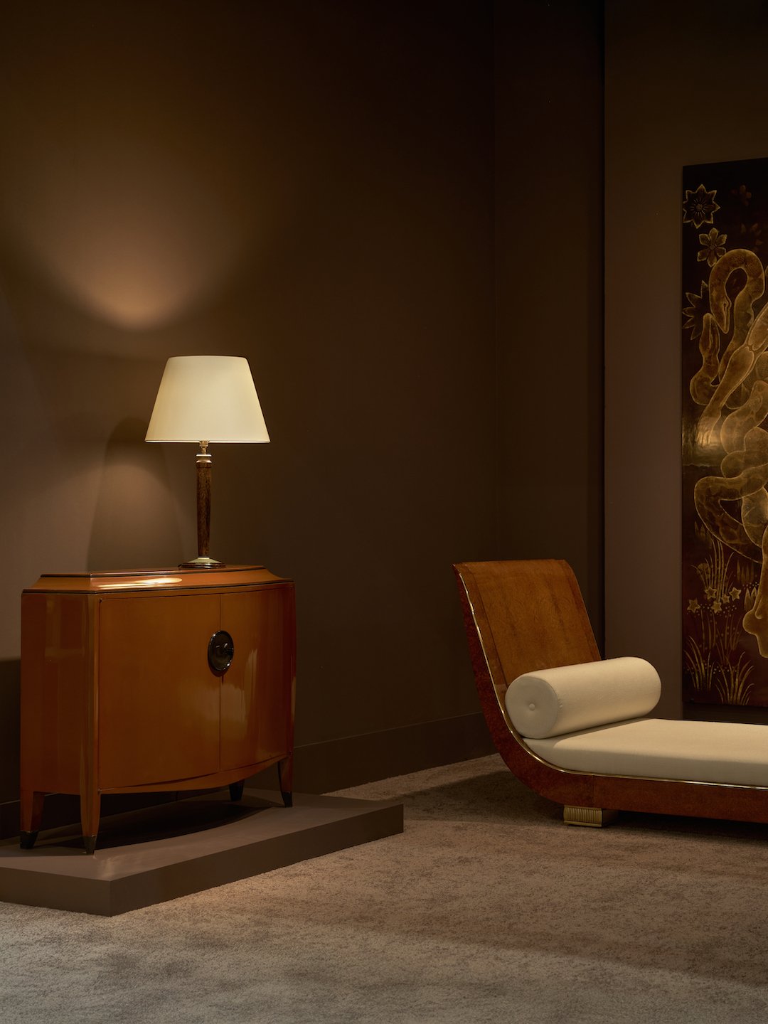 DOMINIQUE AND KATSU HAMANAKA CABINET, CLEMENT ROUSSEAU LAMP, EMILE JACQUES RUHLMANN DAY BED