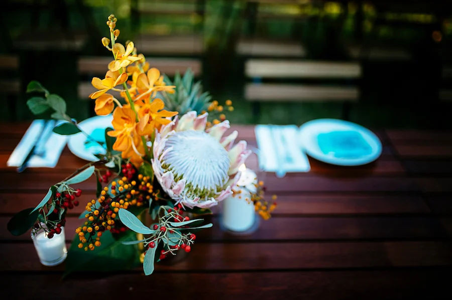 king protea, orchid flowers and berries