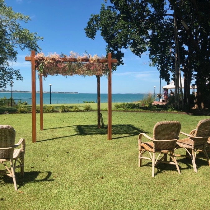 four post timber wedding ceremony arbour, also ideal as a chuppa or mendip, shown here at Darwin wedding venue Pee Wees for an outdoor wedding ceremony.