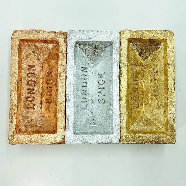 &lsquo;Opulence&rsquo; 
Gold, rose gold and silver leaf  on London brick with acrylic display stand
&pound;100 each
&pound;250 for all 3 plus delivery
(Free locally)

#artistsupportpledge 
#artistsupportpledgeuk 
#londonbrick 
#lockdown
#sculpture
#l