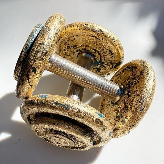 &lsquo;Worth it / Work it&rsquo;
Gold Leaf on Vintage Dumbbells -7.5kg each
&pound;175 plus delivery (free local)

#getfit
#buyart
#beautifuldecay
#fadedglamour 
#buff
#chic