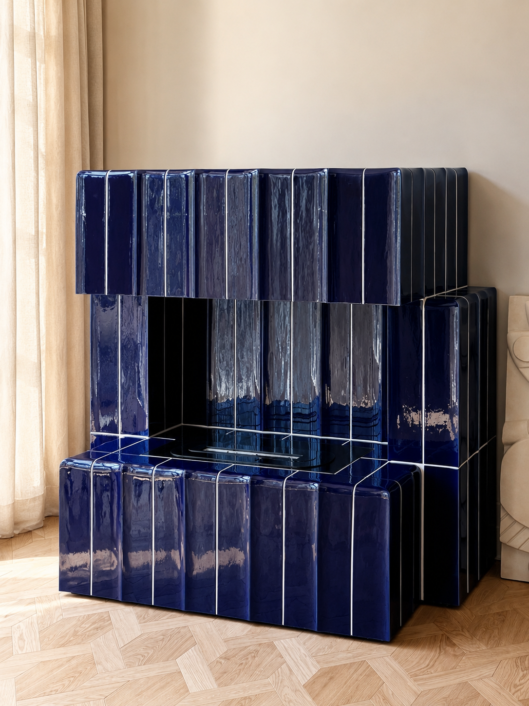 25. Amsterdam School fireplace: Deep-blue glazed ceramic fireplace celebrating the dialogue between heritage and modernity, drawing inspiration from the Amsterdam School style.