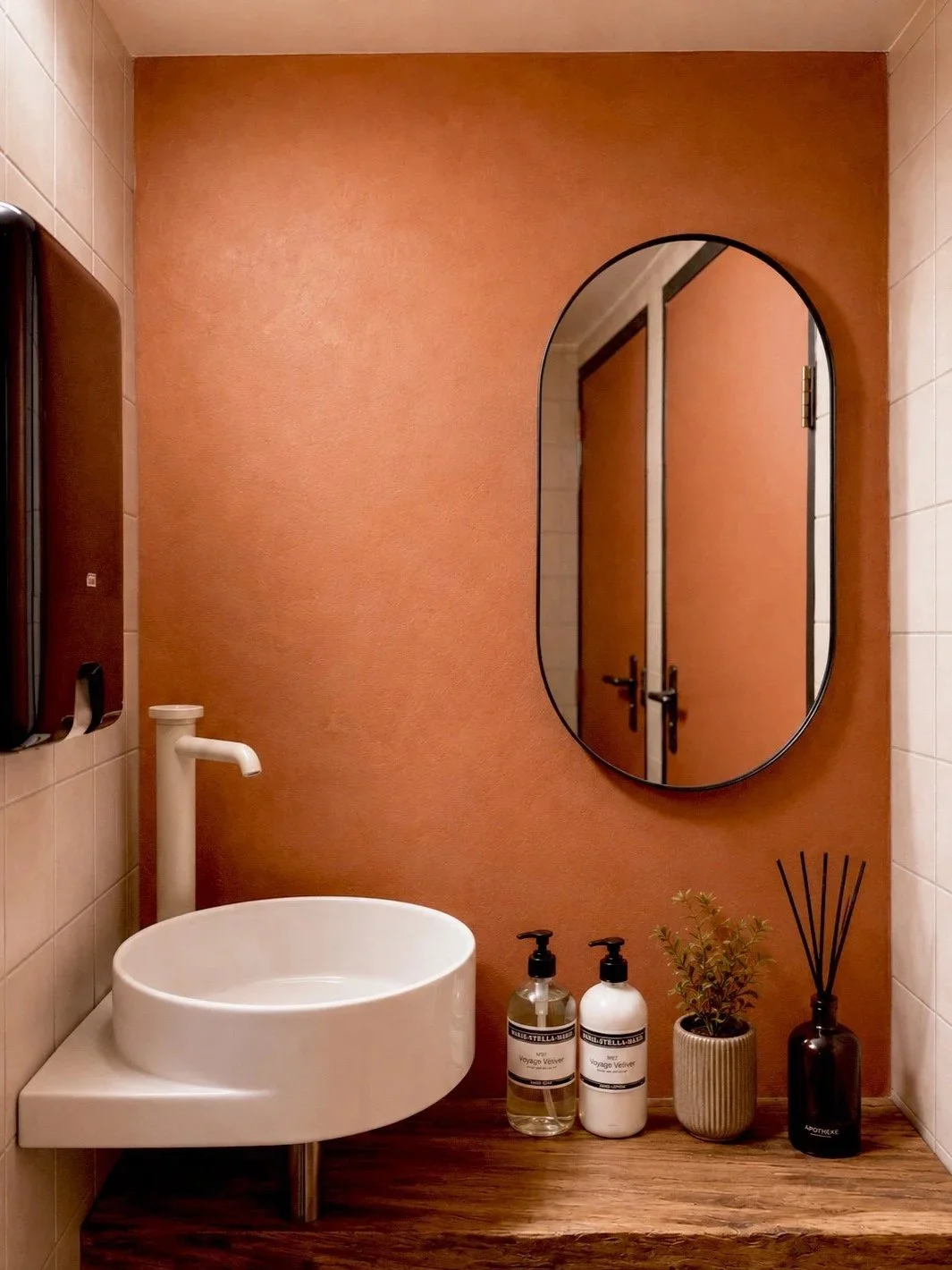 6. Women's restroom entrance: Nazka Restaurant women's washroom entrance featuring terracotta-colored textured walls, an oval mirror, a white corner basin, and a pink Gessi faucet, designed by Studio Michiel Wijnen.