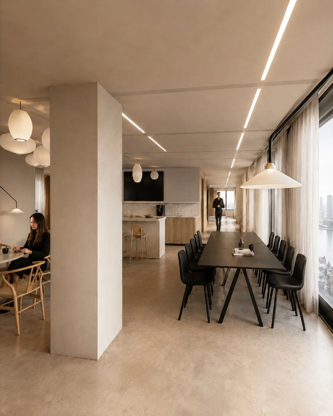 Lunch zone detail: Vertical shot of the WGL lunch area, showcasing a sleek black dining table and black seating, curated by Studio Michiel Wijnen and Studio Tyner.
